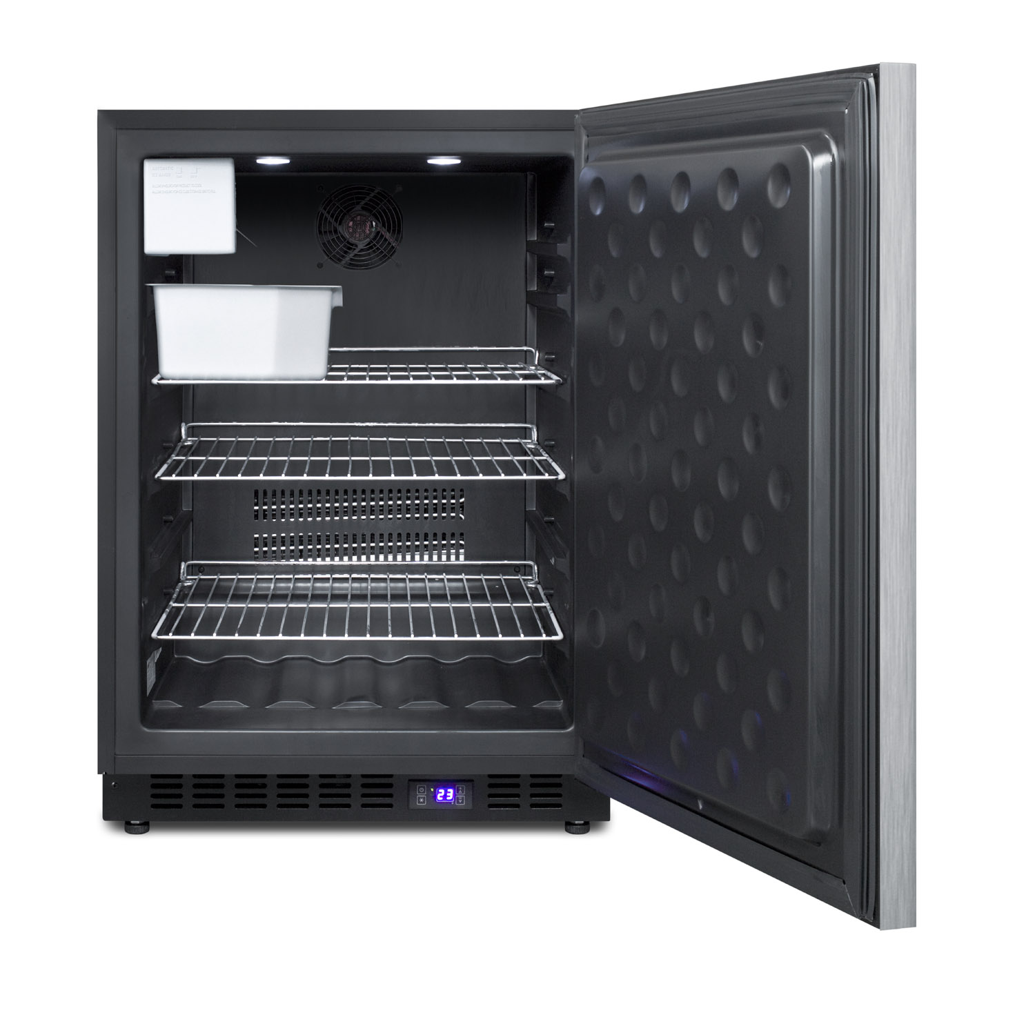 Frost-free outdoor all-freezer in complete stainless steel, with icemaker, digital thermostat, horizontal handle, and lock; built-in or freestanding use